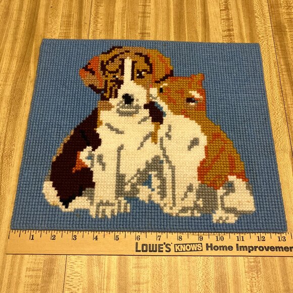 Plastic canvas vintage needle work picture kitten and puppy kitschy home decor - Picture 2 of 6